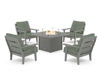 POLYWOOD® Lakeside 5-Piece Deep Seating Set with Nautical Fire Pit Table in Slate Grey / Cast Sage