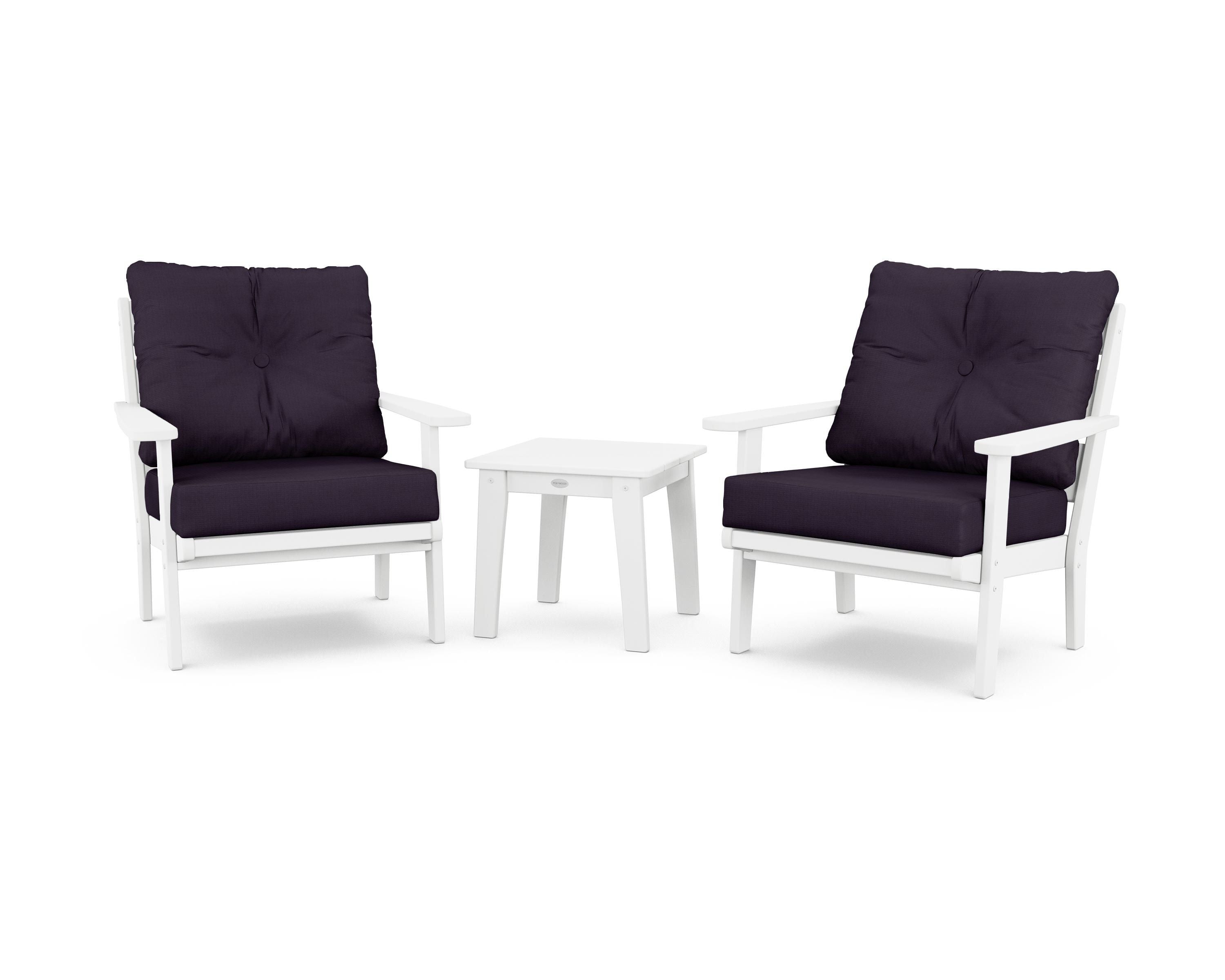 POLYWOOD® Lakeside 3-Piece Deep Seating Chair Set in White / Navy Linen