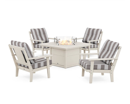 POLYWOOD® Prairie 5-Piece Deep Seating Set with Fire Pit Table in Sand / Cabana Stripe Grey Mist
