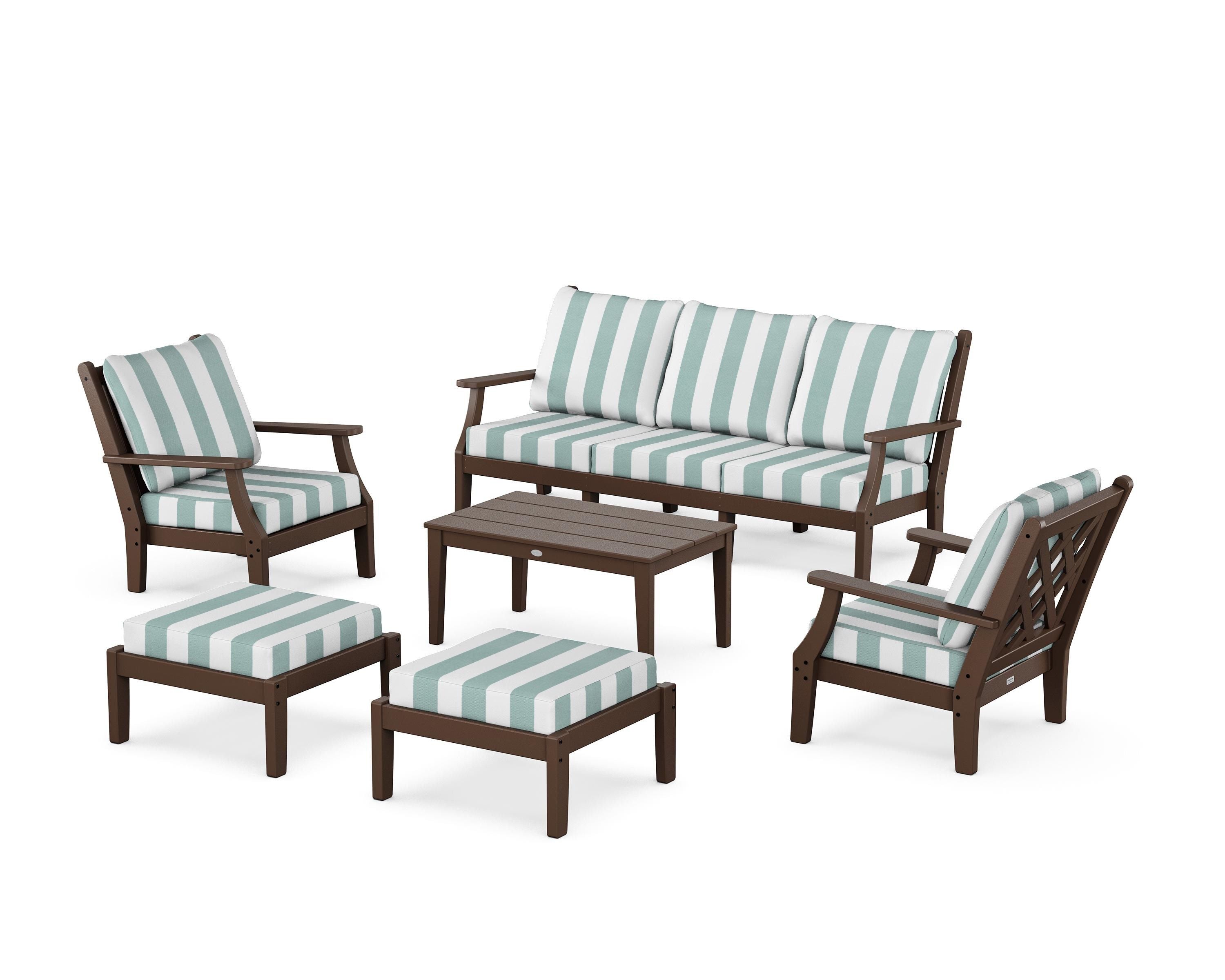 Country Living Wovendale 6-Piece Lounge Sofa Set in Mahogany / Cabana Stripe Glacier Spa
