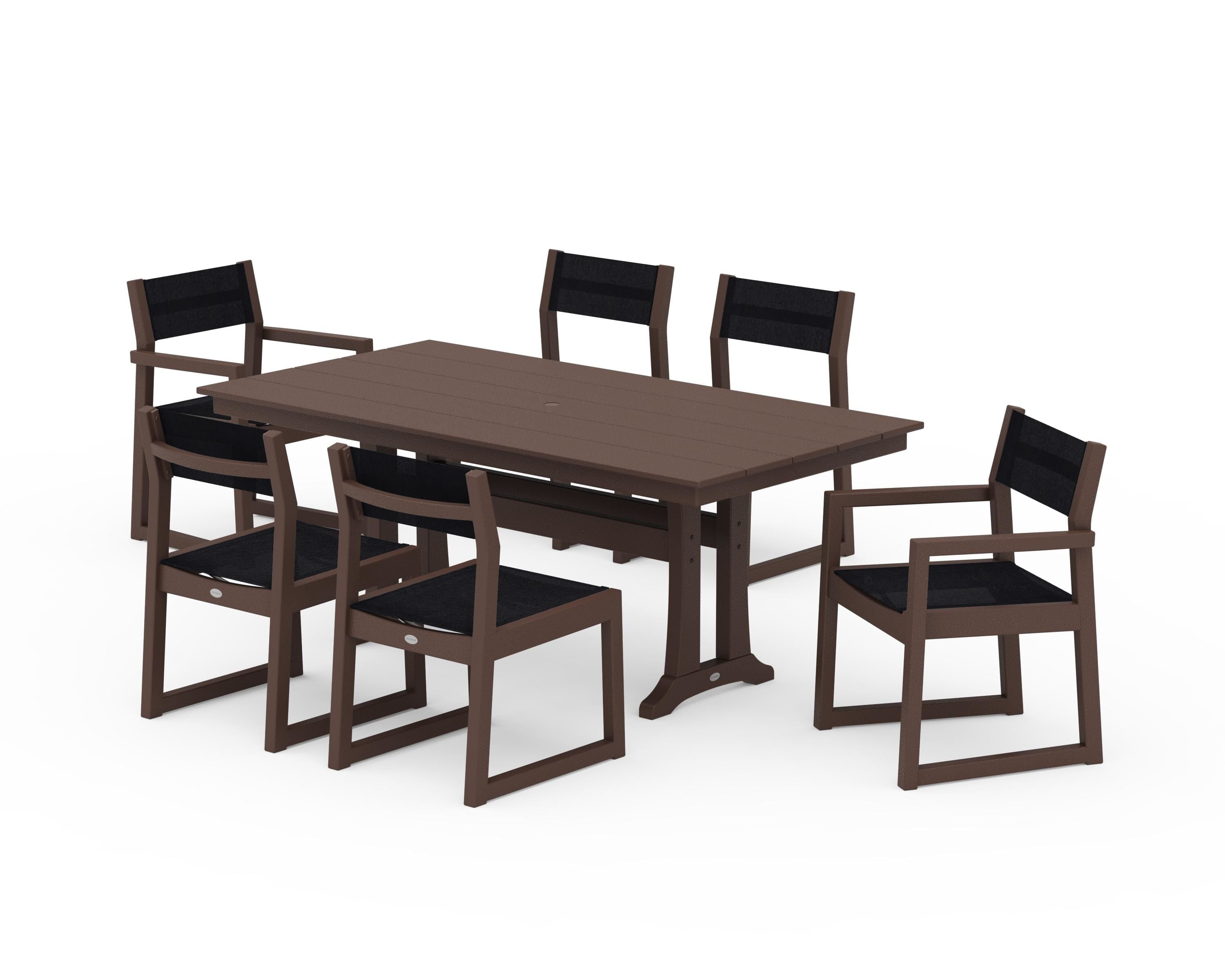 POLYWOOD® EDGE Sling 7-Piece Farmhouse Trestle Dining Set in Mahogany / Black Sling