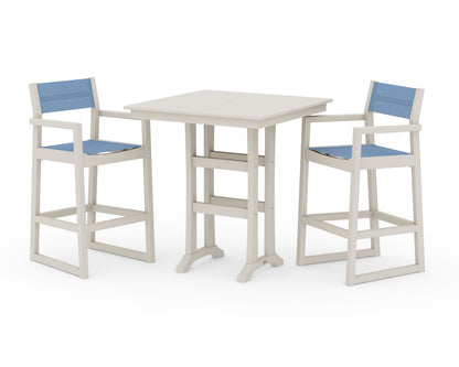 POLYWOOD® EDGE Sling Arm Chair 3-Piece Farmhouse Bar Set with Trestle Legs in Sand / Poolside Sling