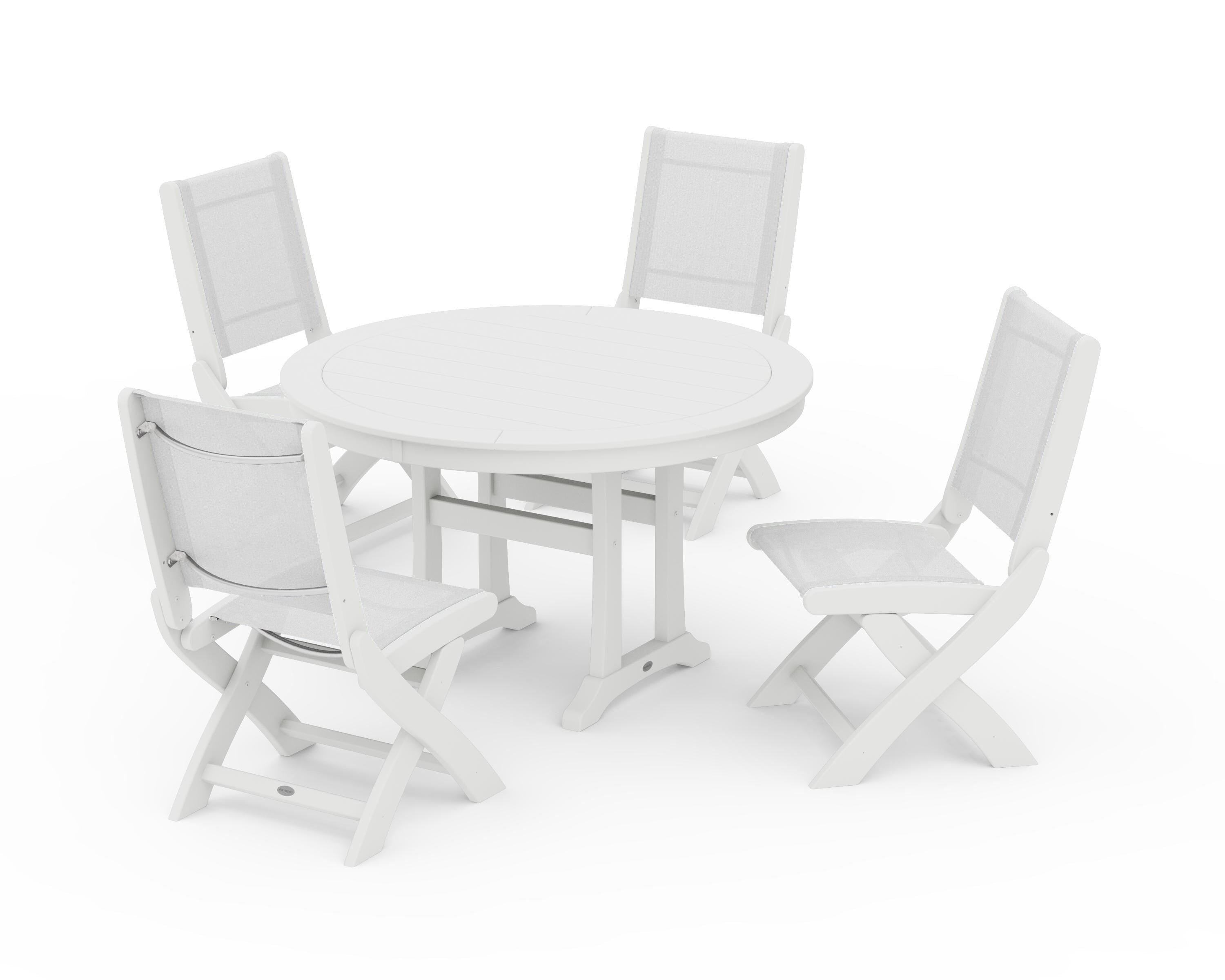 POLYWOOD® Coastal Folding Side Chair 5-Piece Round Dining Set With Trestle Legs in White / White Sling