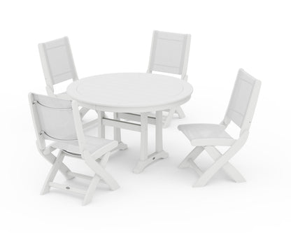 POLYWOOD® Coastal Folding Side Chair 5-Piece Round Dining Set With Trestle Legs in White / White Sling