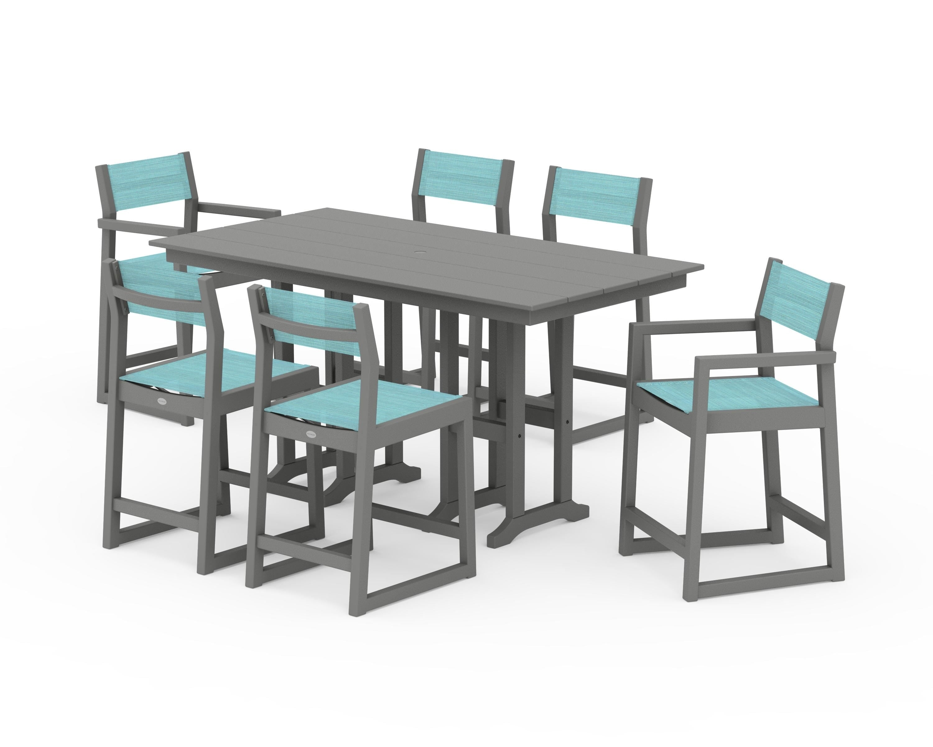 POLYWOOD® EDGE Sling 7-Piece Farmhouse Counter Set with Trestle Legs in Slate Grey / Dupioni Aquamarine Sling