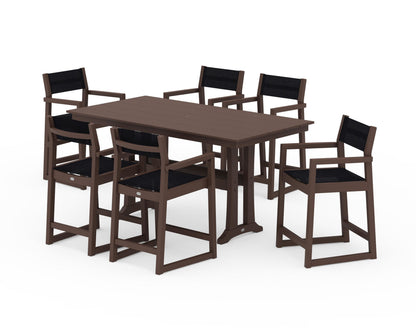POLYWOOD® EDGE Sling Arm Chair 7-Piece Farmhouse Counter Set with Trestle Legs in Mahogany / Black Sling