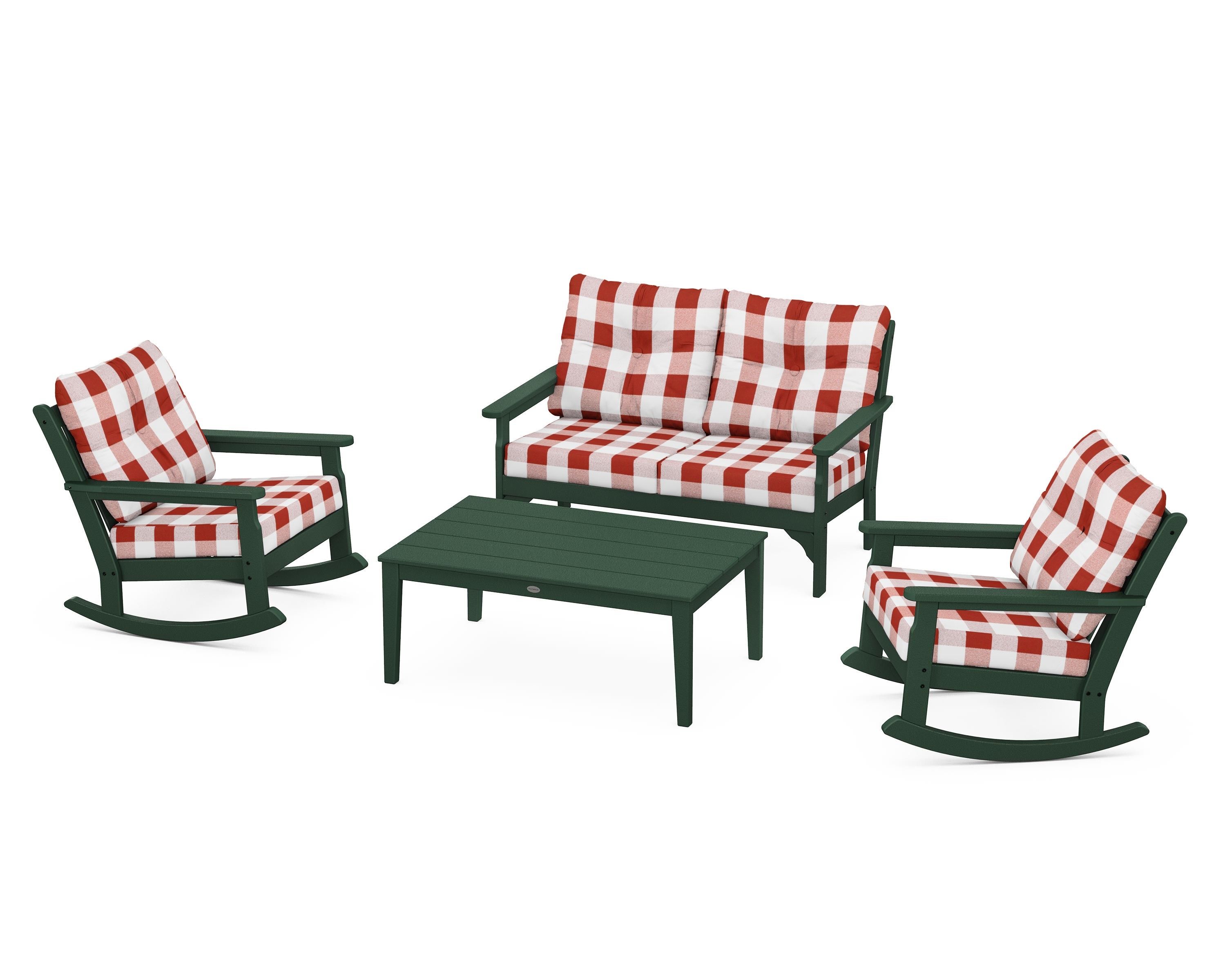 POLYWOOD® Vineyard 4-Piece Deep Seating Rocking Chair Set in Green / Buffalo Plaid Crimson