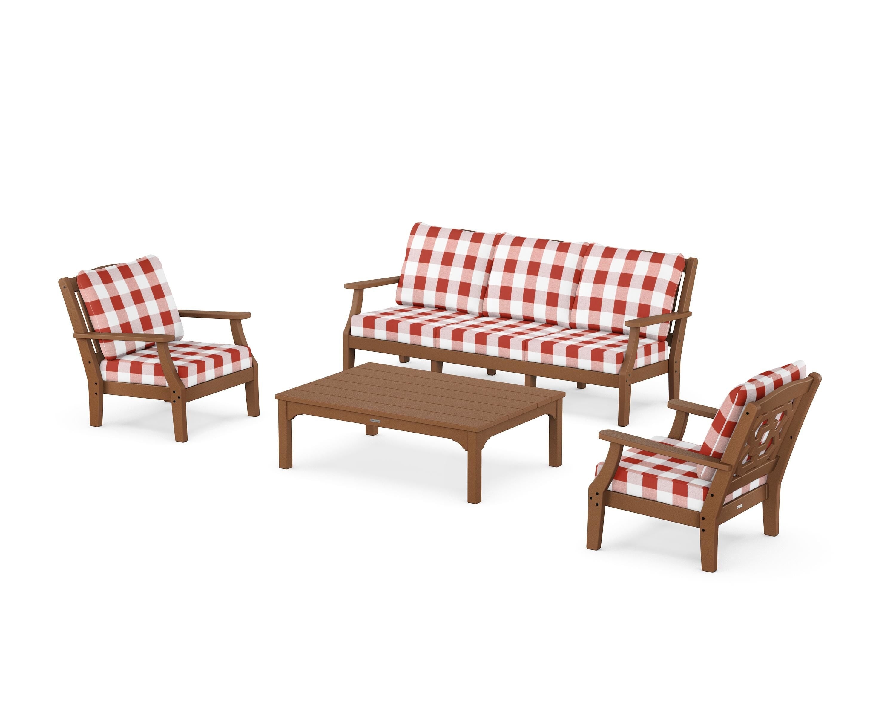 Martha Stewart by POLYWOOD® Chinoiserie 4-Piece Deep Seating Set with Sofa in Teak / Buffalo Plaid Crimson