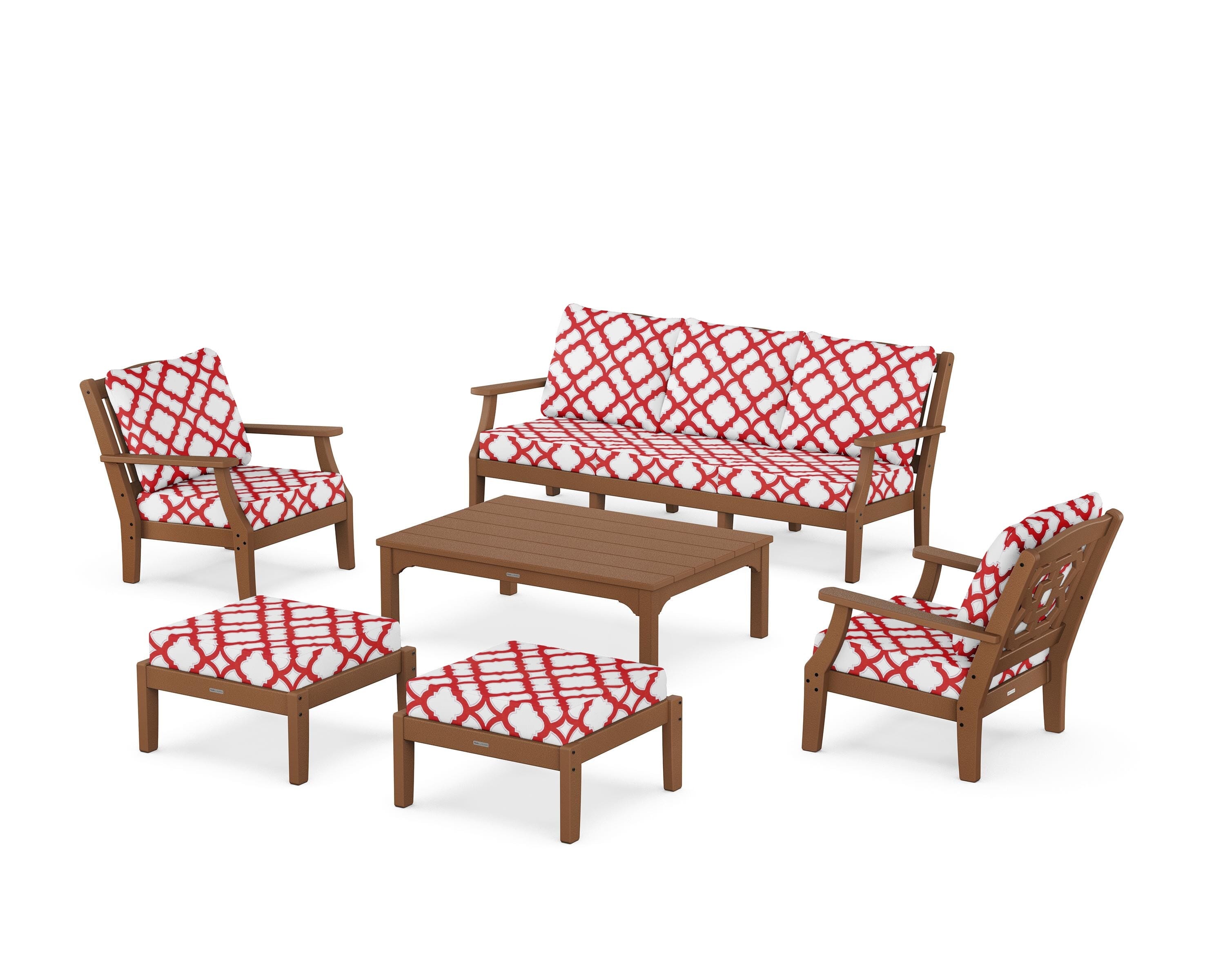 Martha Stewart by POLYWOOD® Chinoiserie 6-Piece Lounge Sofa Set in Teak / Trellis Crimson
