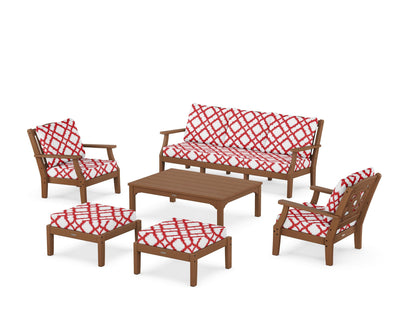 Martha Stewart by POLYWOOD® Chinoiserie 6-Piece Lounge Sofa Set in Teak / Trellis Crimson