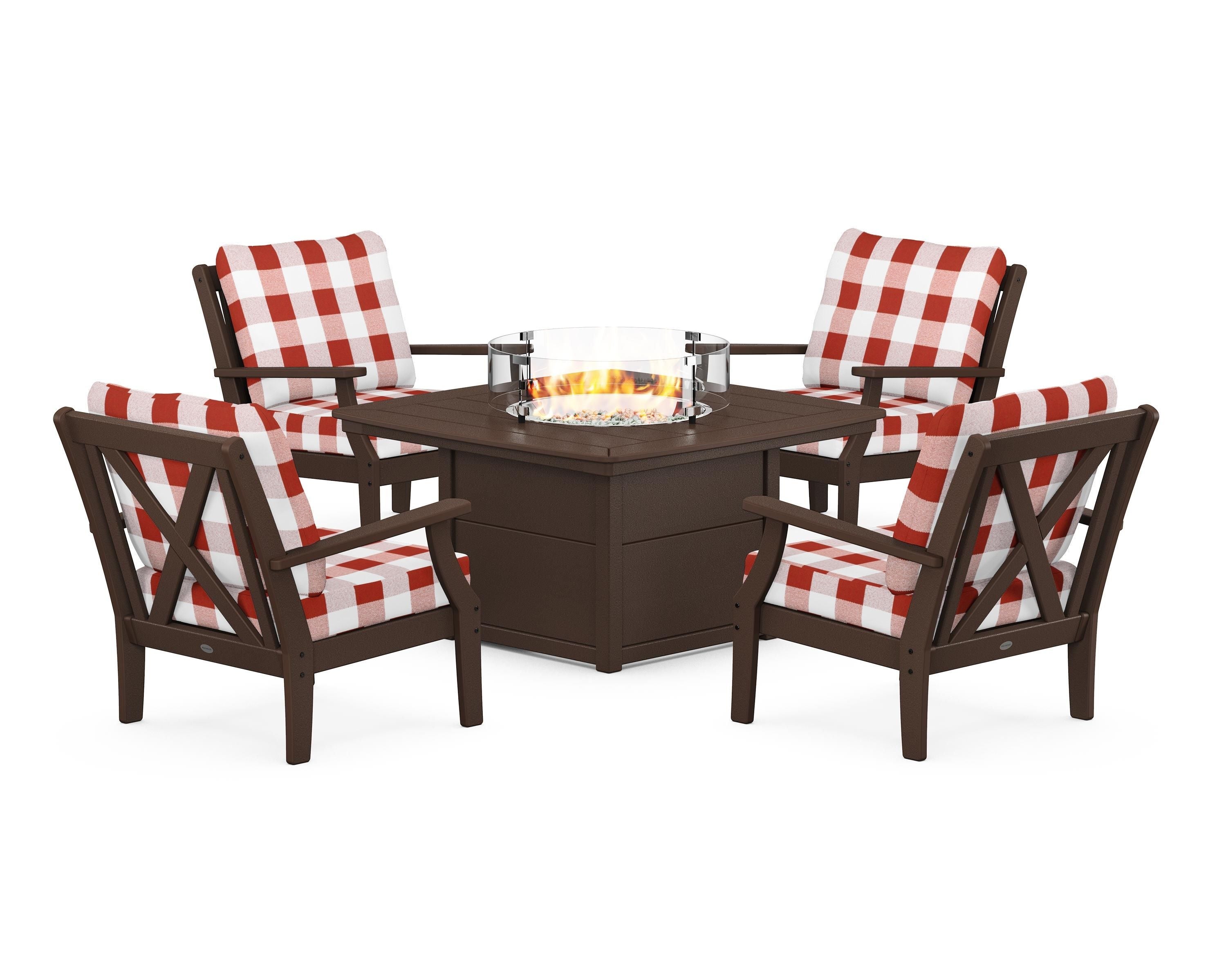 POLYWOOD® Braxton 5-Piece Deep Seating Conversation Set with Fire Pit Table in Mahogany / Buffalo Plaid Crimson