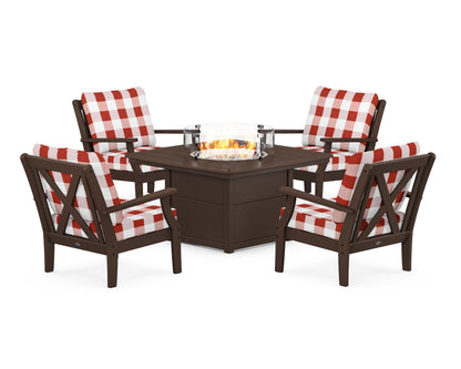 POLYWOOD® Braxton 5-Piece Deep Seating Conversation Set with Fire Pit Table in Mahogany / Buffalo Plaid Crimson