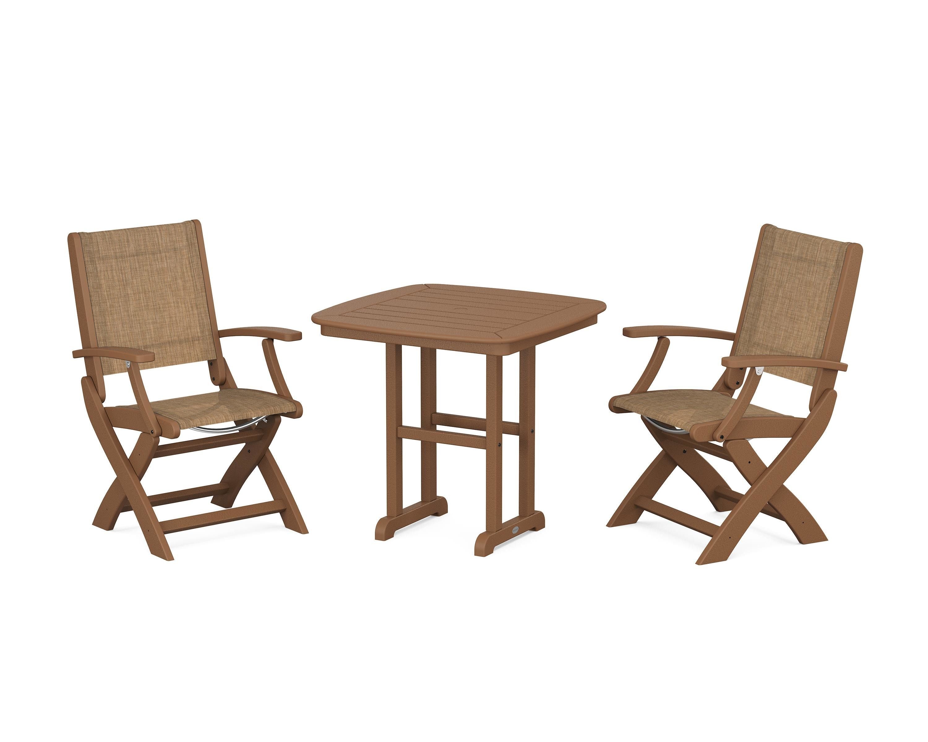 POLYWOOD® Coastal Folding Chair 3-Piece Dining Set in Teak / Burlap Sling