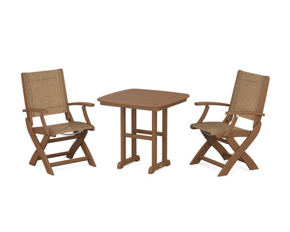 POLYWOOD® Coastal Folding Chair 3-Piece Dining Set in Teak / Burlap Sling