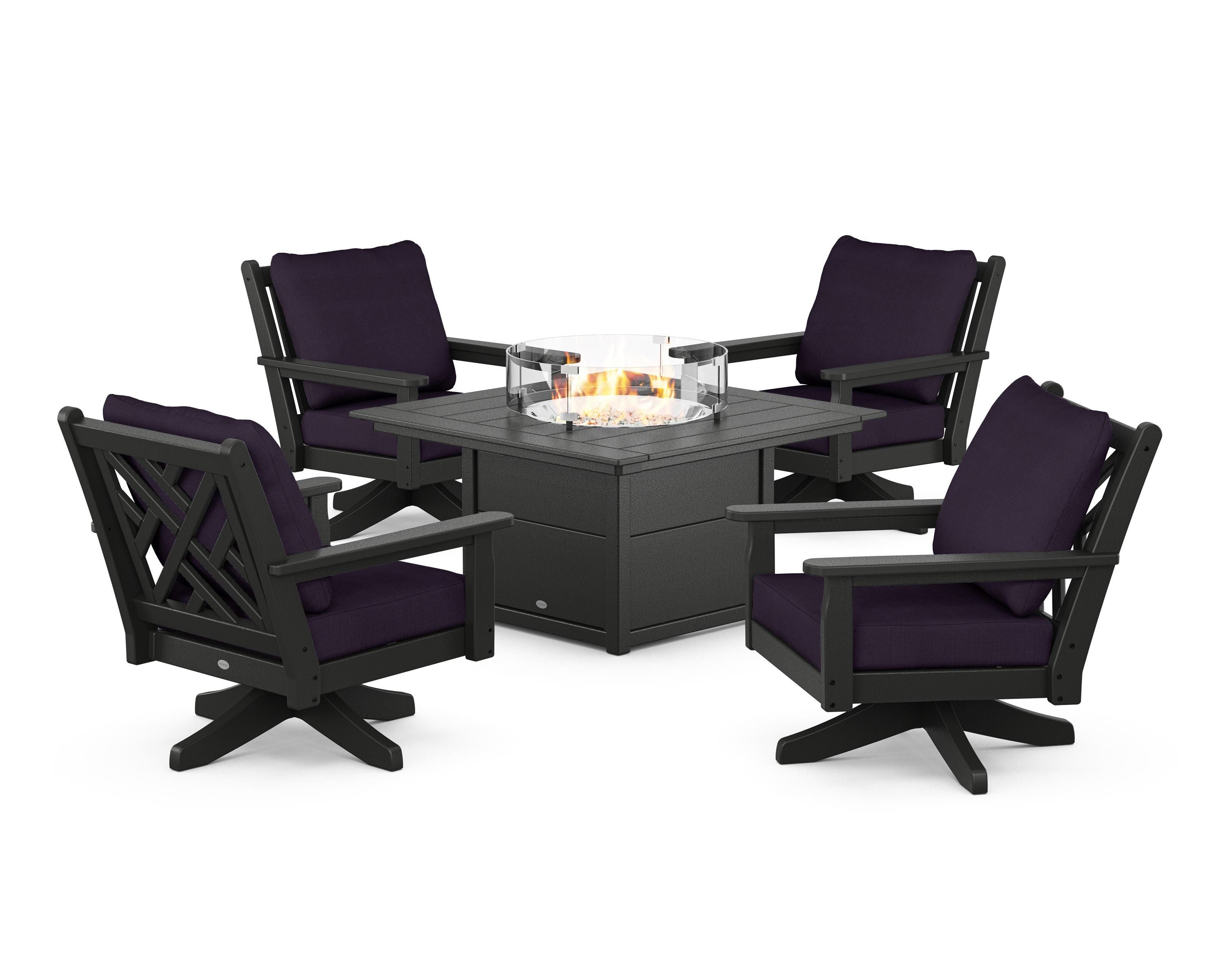 POLYWOOD® Chippendale 5-Piece Deep Seating Swivel Conversation Set with Fire Pit Table in Black / Navy Linen