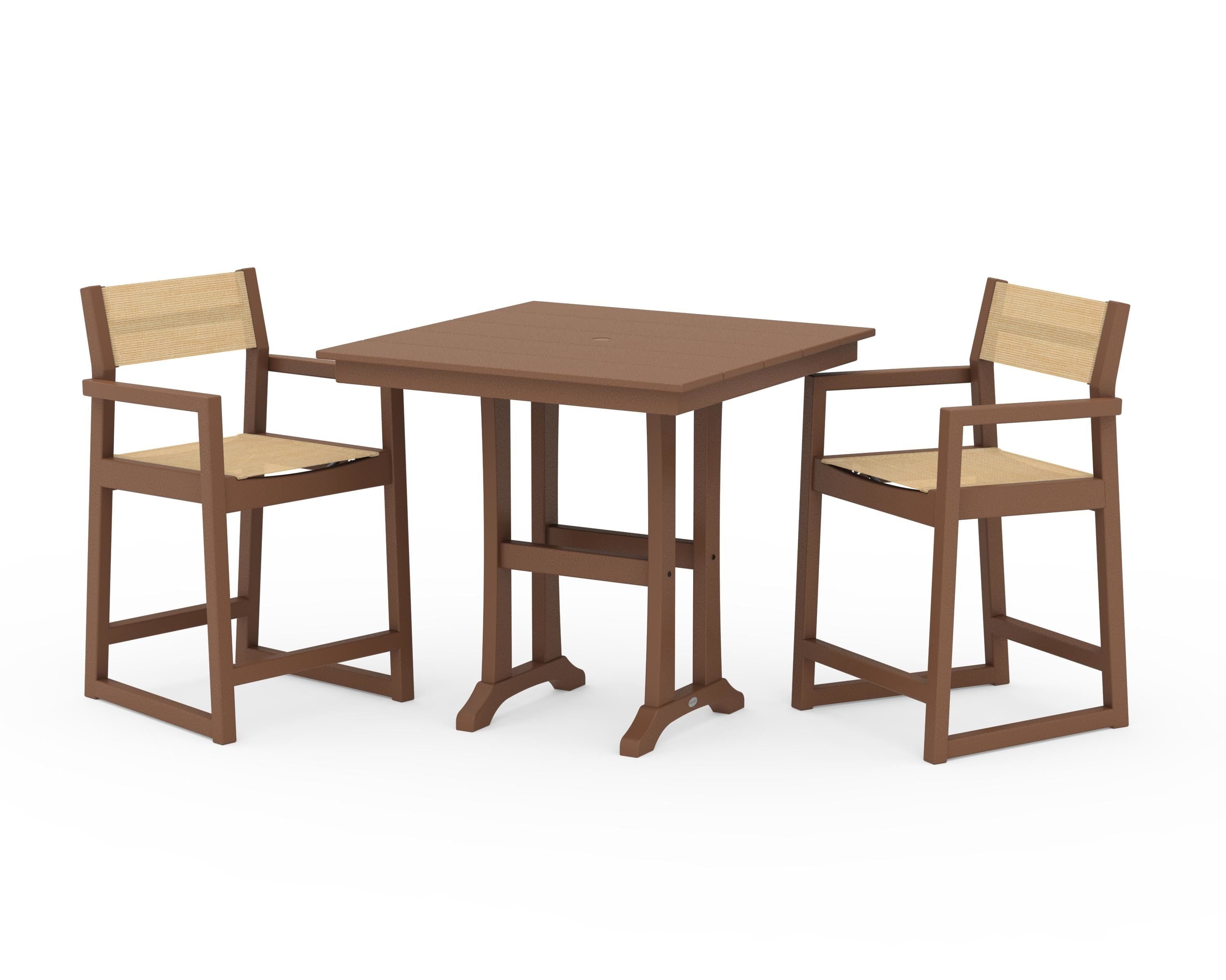 POLYWOOD® EDGE Sling Arm Chair 3-Piece Farmhouse Counter Set with Trestle Legs in Teak / Dupioni Apricot Sling