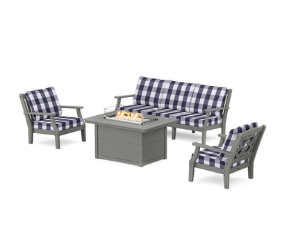 Martha Stewart by POLYWOOD® Chinoiserie Deep Seating Fire Pit Table Set in Slate Grey / Buffalo Plaid Navy