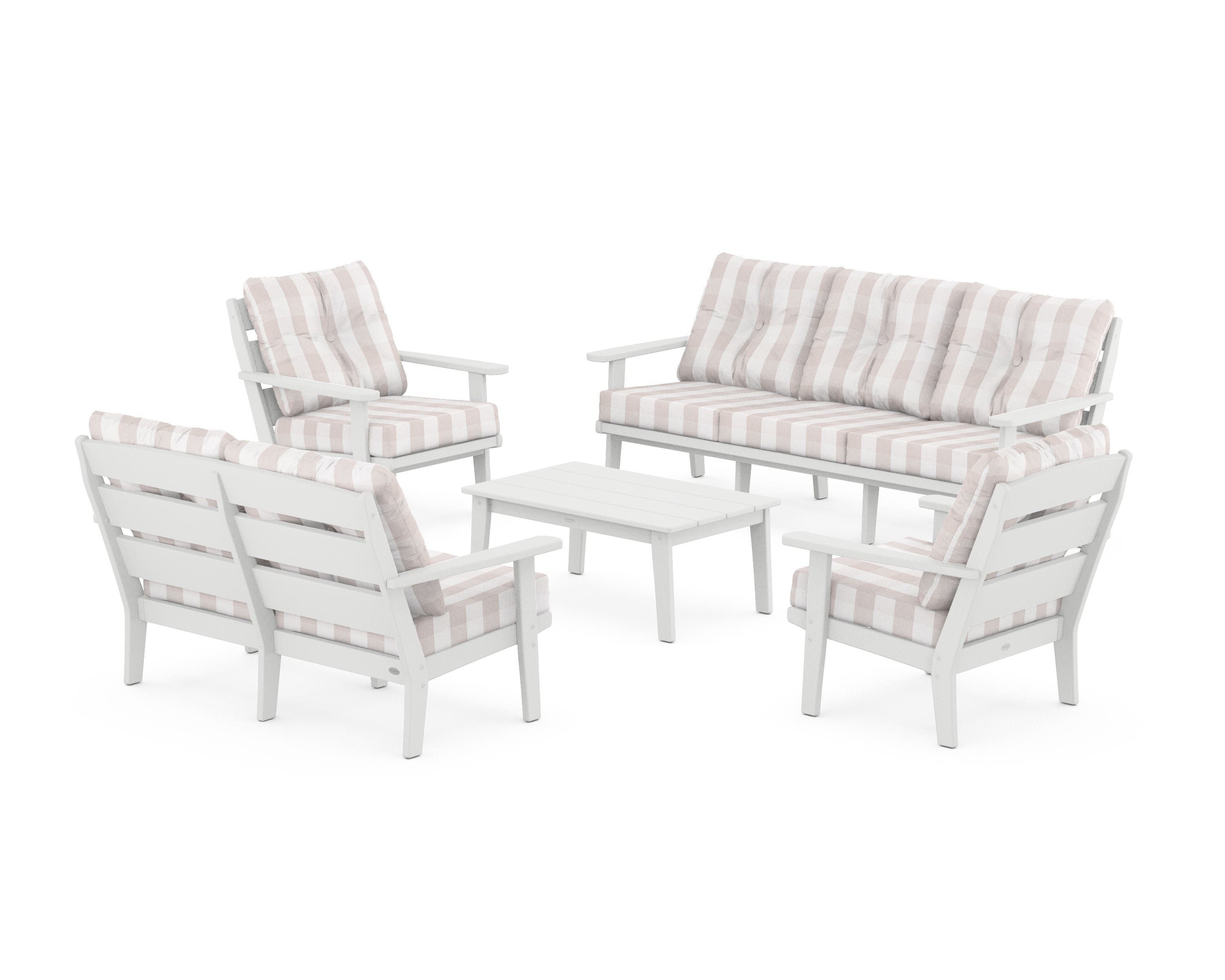 POLYWOOD® Lakeside 5-Piece Lounge Sofa Set in White / Buffalo Plaid Dune Burlap