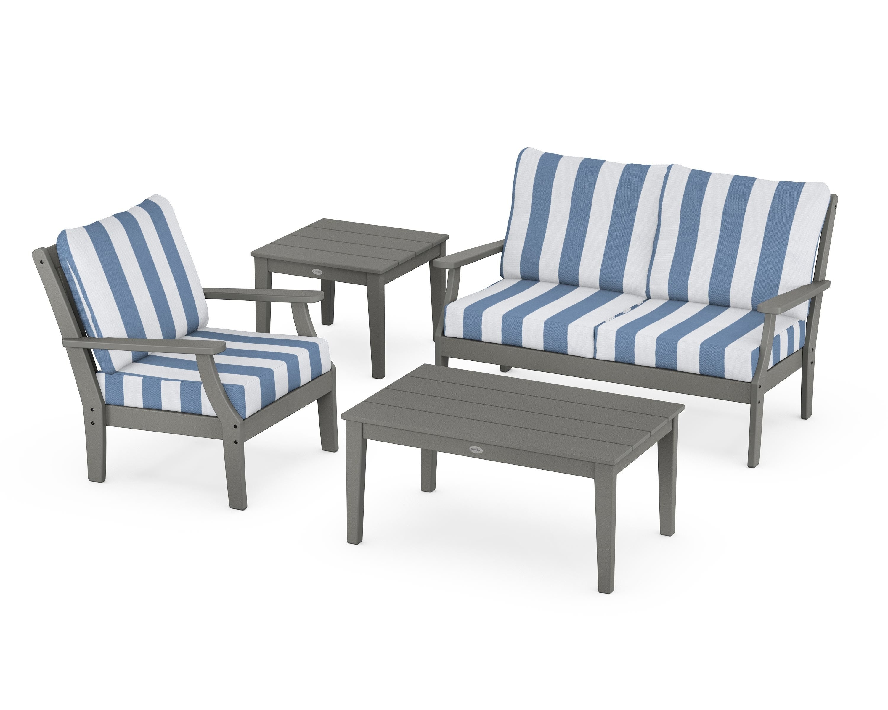 POLYWOOD® Braxton 4-Piece Deep Seating Set in Slate Grey / Cabana Stripe Sky Blue