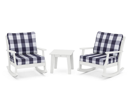 POLYWOOD® Braxton 3-Piece Deep Seating Rocker Set in White / Buffalo Plaid Navy
