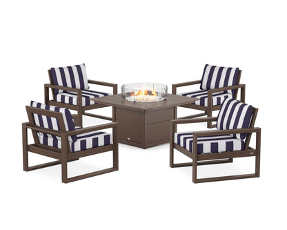POLYWOOD® EDGE Sectional 5-Piece Deep Seating Set with Fire Pit Table in Mahogany / Cabana Stripe Navy