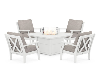 POLYWOOD® Braxton 5-Piece Deep Seating Conversation Set with Fire Pit Table in White / Weathered Tweed