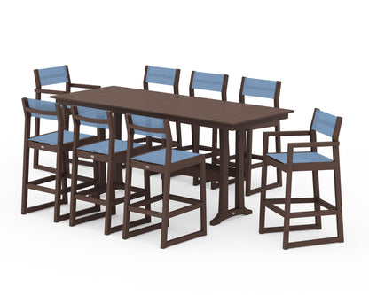 POLYWOOD® EDGE Sling 9-Piece Farmhouse Bar Set with Trestle Legs in Mahogany / Poolside Sling