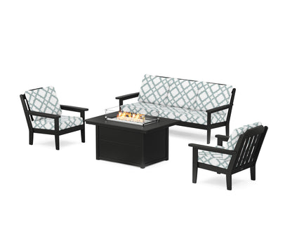 Country Living Cottage Deep Seating Fire Pit Table Set in Black / Trellis Glacier Spa