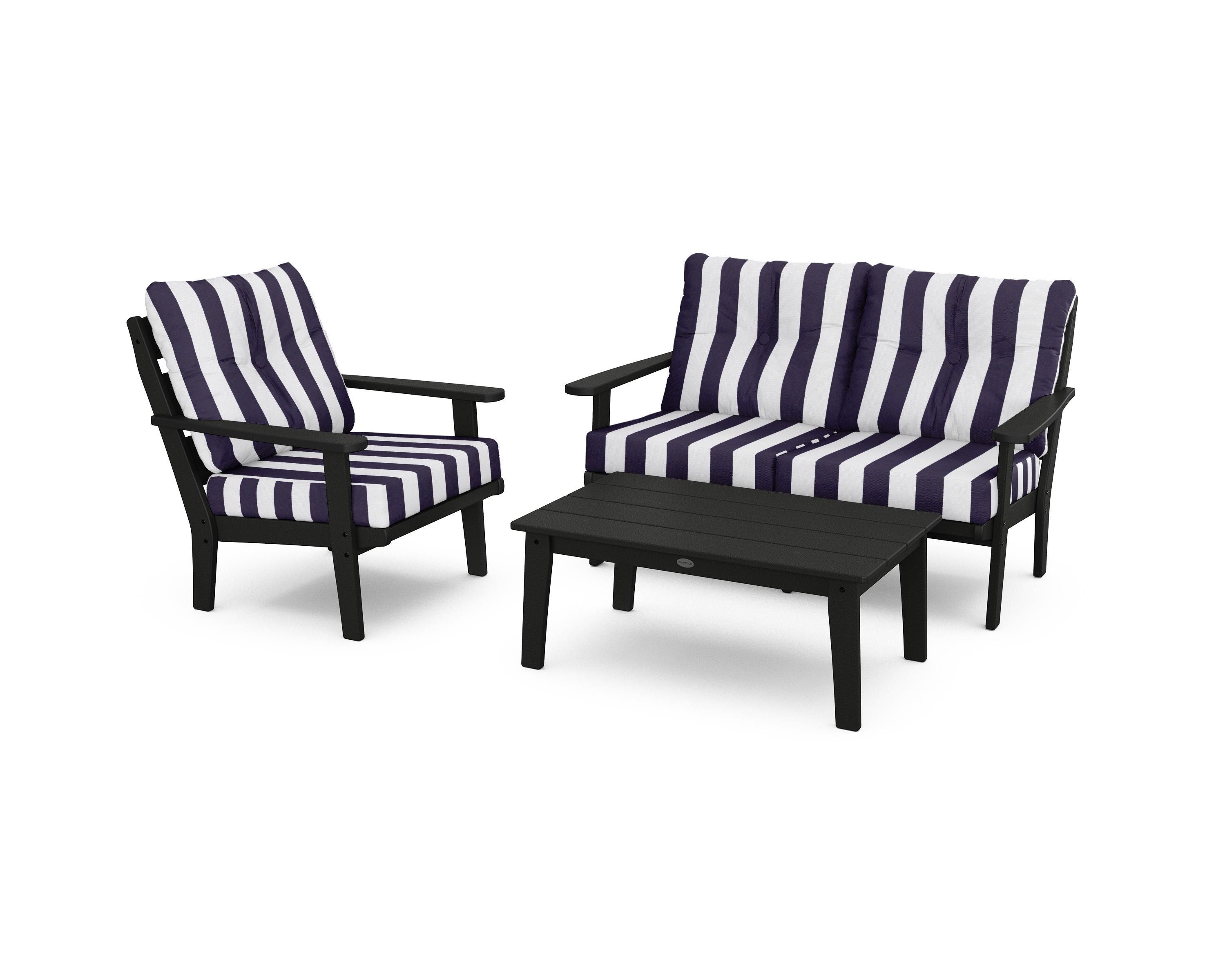 POLYWOOD® Lakeside 3-Piece Deep Seating Set in Black / Cabana Stripe Navy