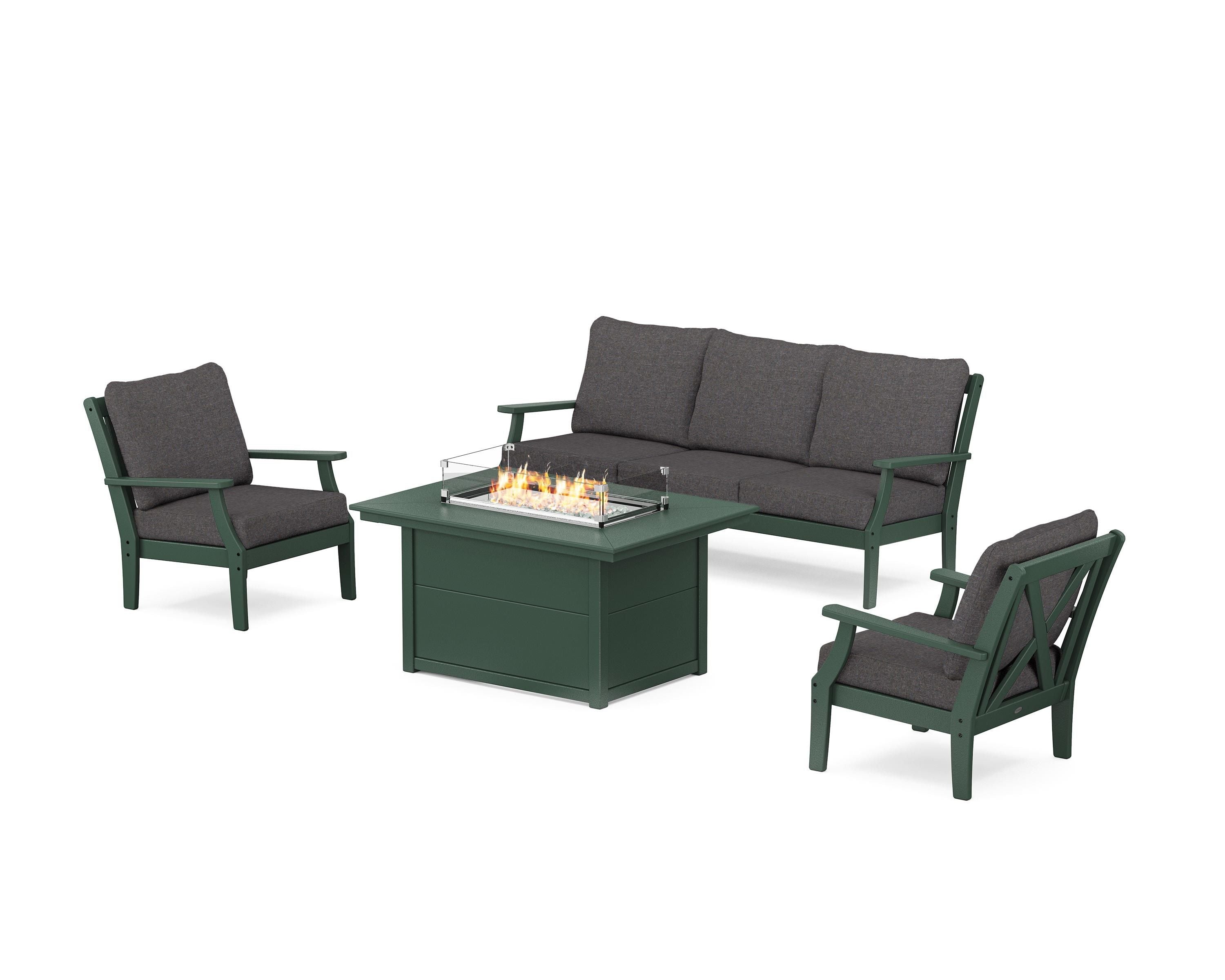 POLYWOOD® Braxton Deep Seating Fire Pit Table Set in Green / Ash Charcoal