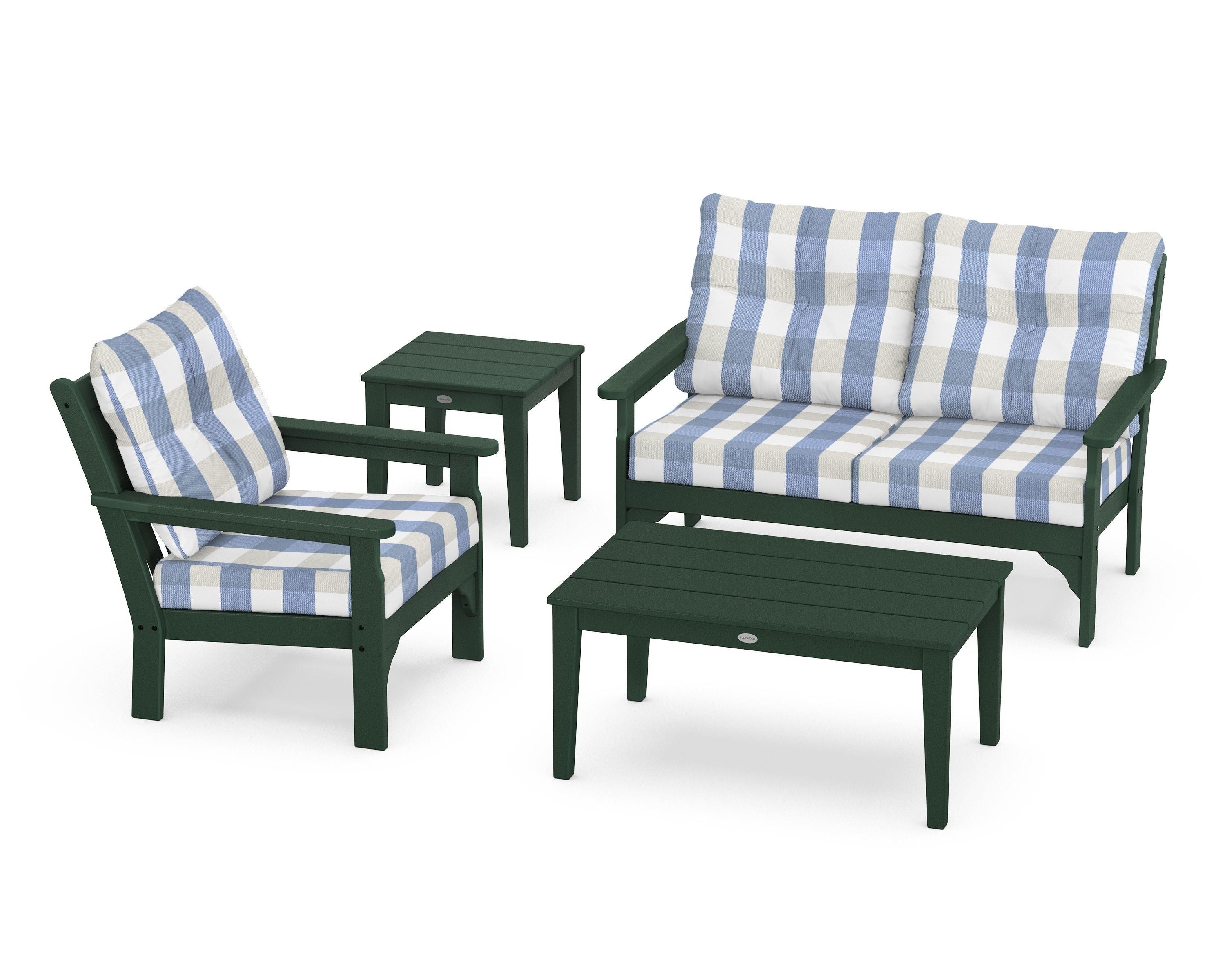 POLYWOOD® Vineyard 4-Piece Deep Seating Set in Green / Buffalo Plaid Sky Blue