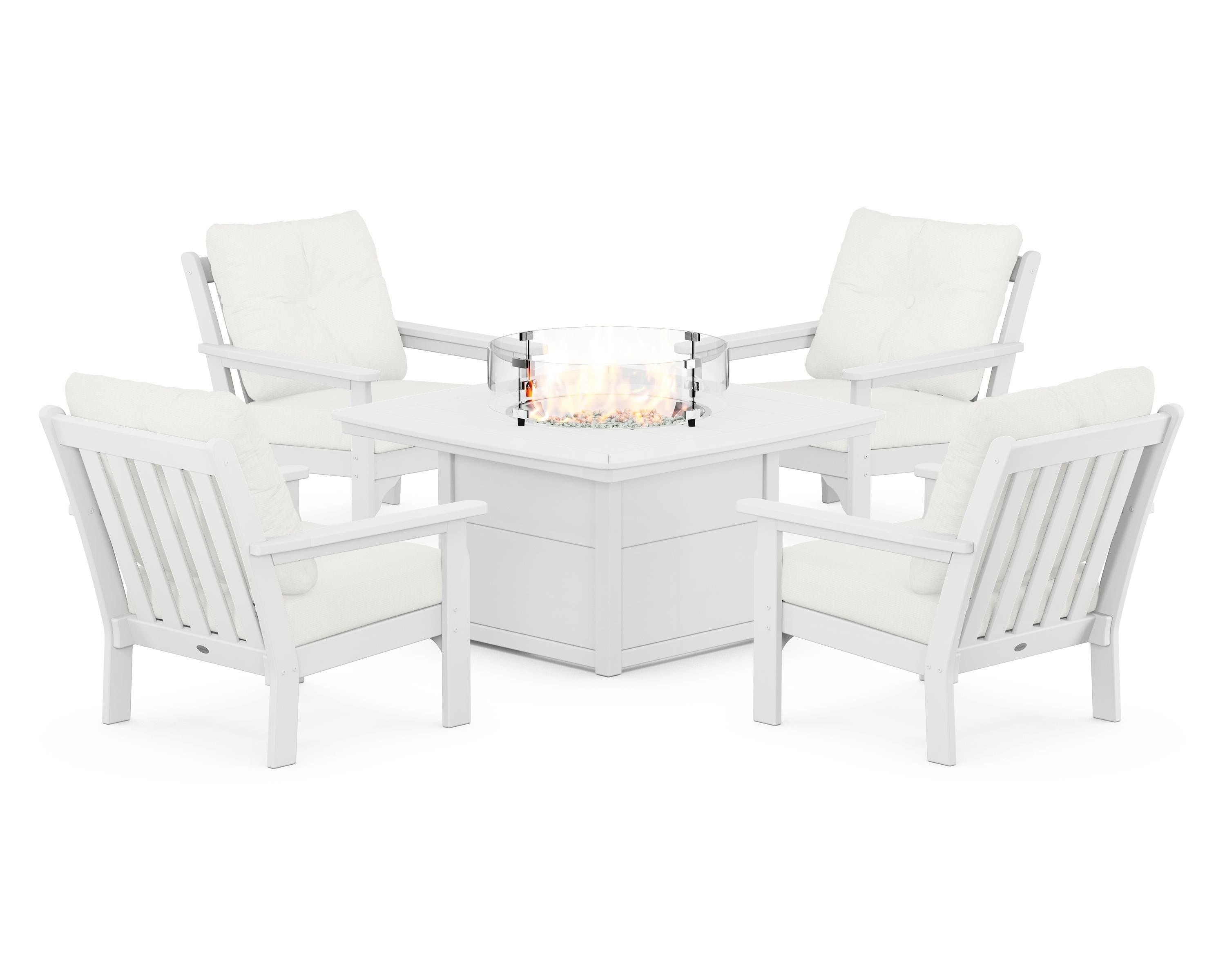 POLYWOOD® Vineyard 5-Piece Conversation Set with Fire Pit Table in White / Natural Linen