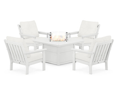 POLYWOOD® Vineyard 5-Piece Conversation Set with Fire Pit Table in White / Natural Linen