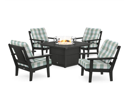 POLYWOOD® Prairie 5-Piece Deep Seating Set with Fire Pit Table in Black / Buffalo Plaid Glacier Spa