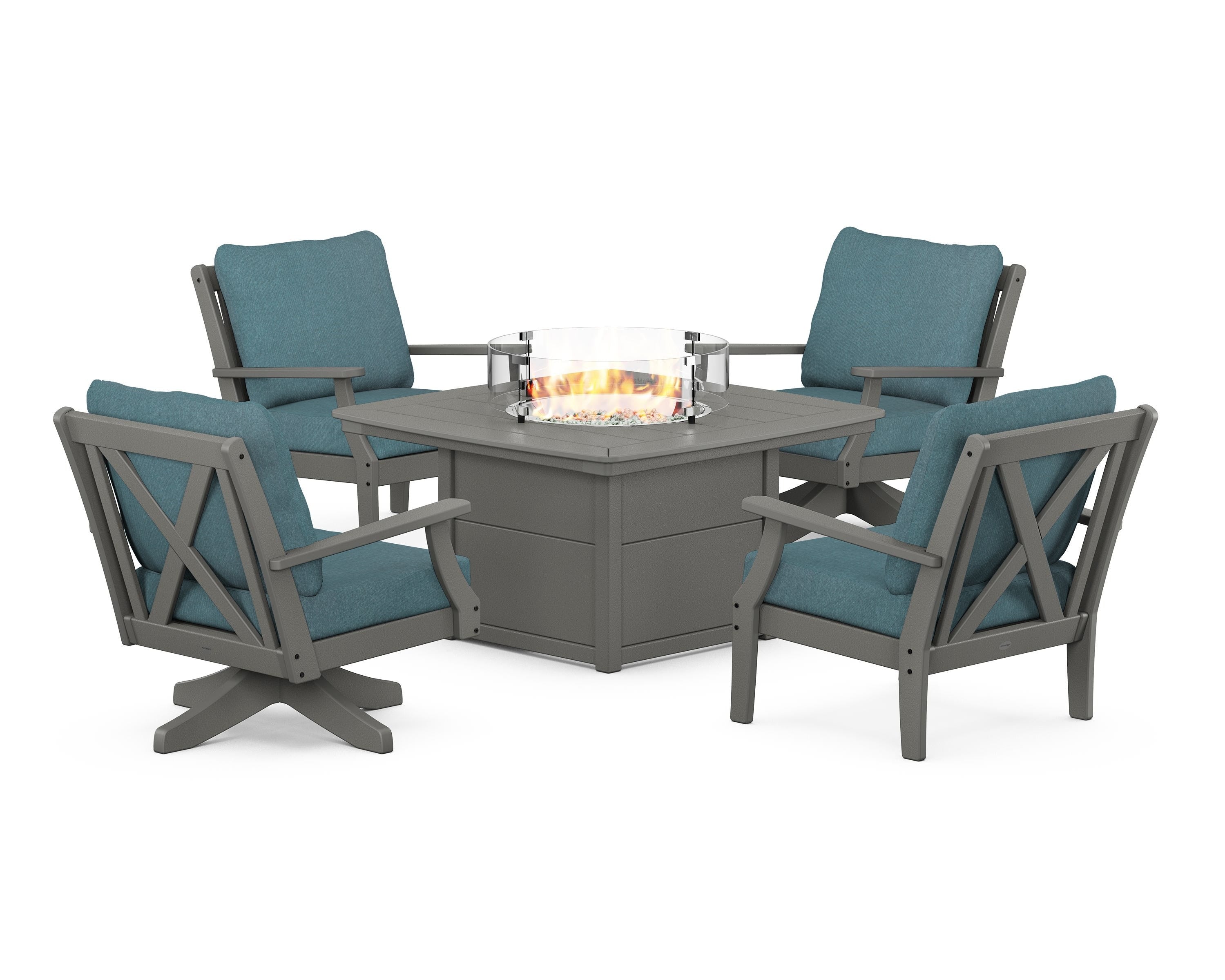 POLYWOOD® Braxton 5-Piece Deep Seating Set with Fire Table in Slate Grey / Ocean Teal