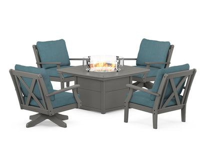 POLYWOOD® Braxton 5-Piece Deep Seating Set with Fire Table in Slate Grey / Ocean Teal