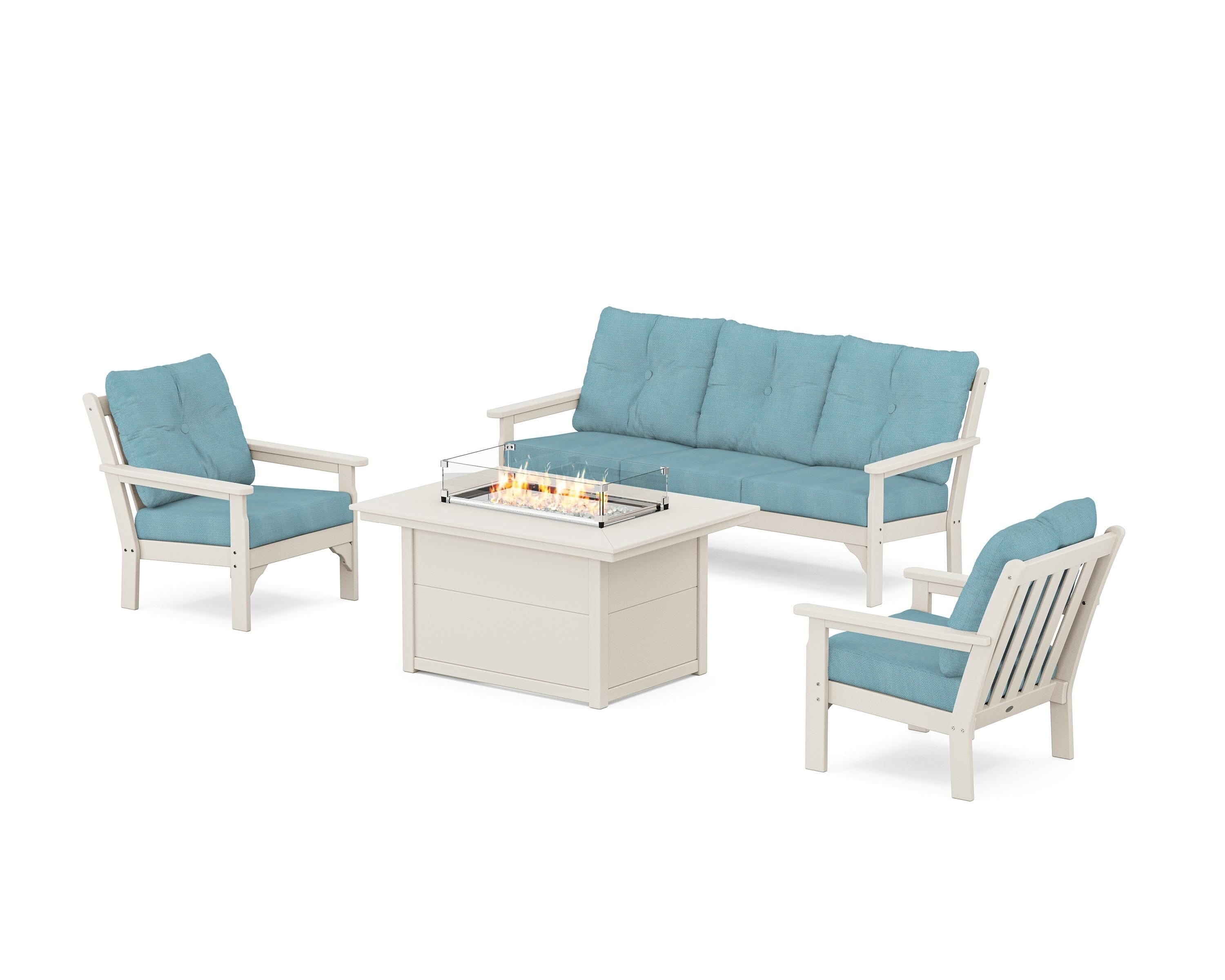 POLYWOOD® Vineyard Deep Seating Fire Pit Table Set in Sand / Lattice Sky Blue
