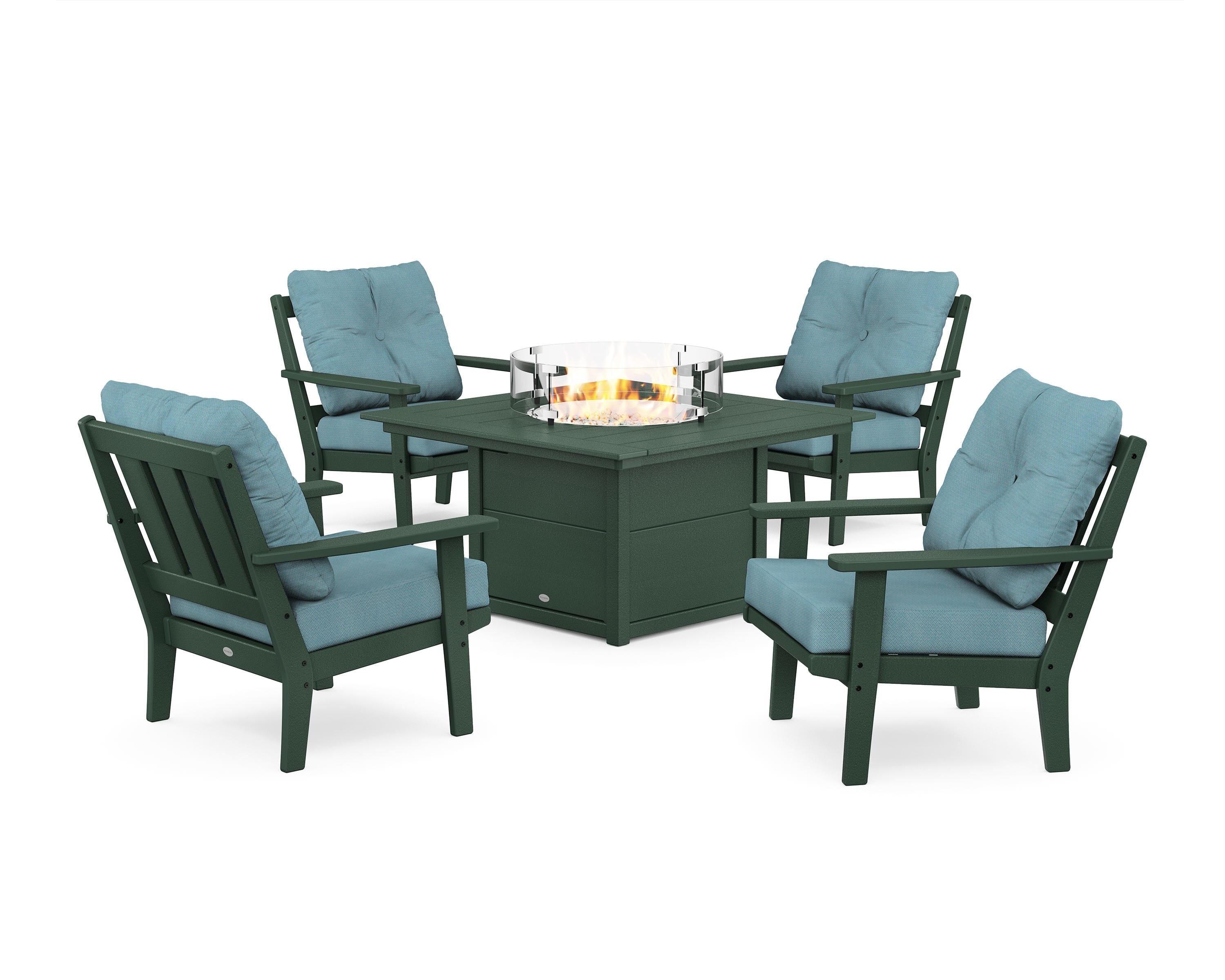 POLYWOOD® Oxford 5-Piece Deep Seating Set with Fire Pit Table in Green / Lattice Sky Blue