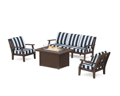 Martha Stewart by POLYWOOD® Chinoiserie Deep Seating Fire Pit Table Set in Mahogany / Cabana Stripe Marine Indigo