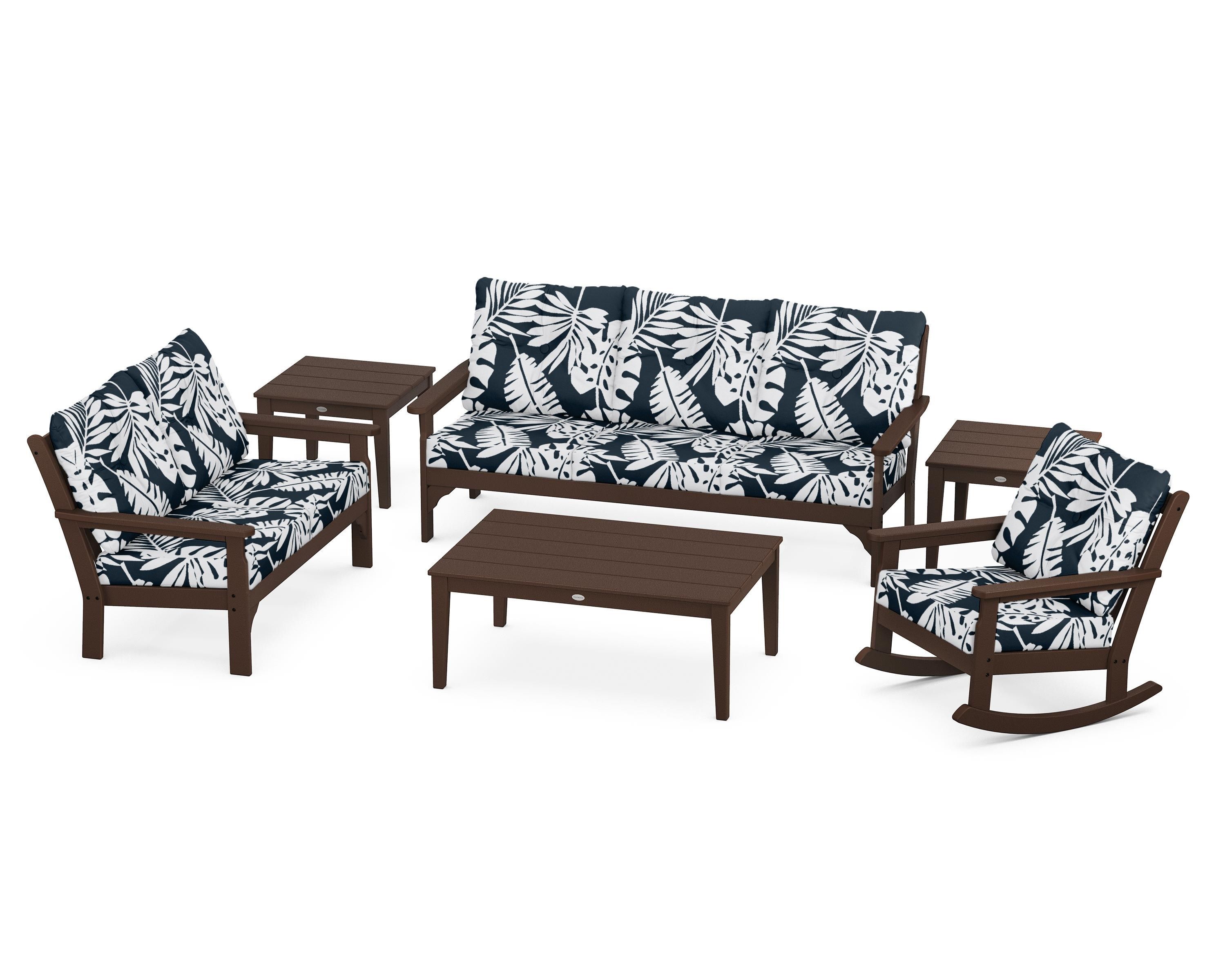 POLYWOOD® Vineyard 6-Piece Deep Seating Set in Mahogany / Leaf Marine Indigo