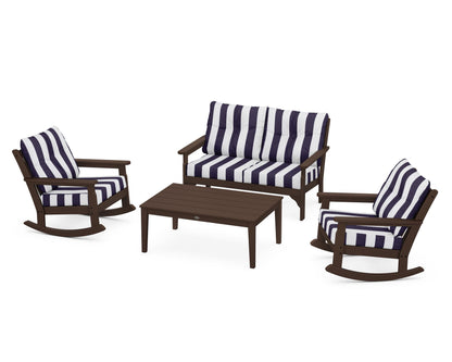 POLYWOOD® Vineyard 4-Piece Deep Seating Rocking Chair Set in Mahogany / Cabana Stripe Navy