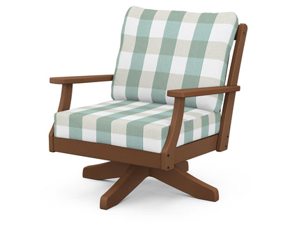 POLYWOOD® Braxton Deep Seating Swivel Chair in Teak / Buffalo Plaid Glacier Spa