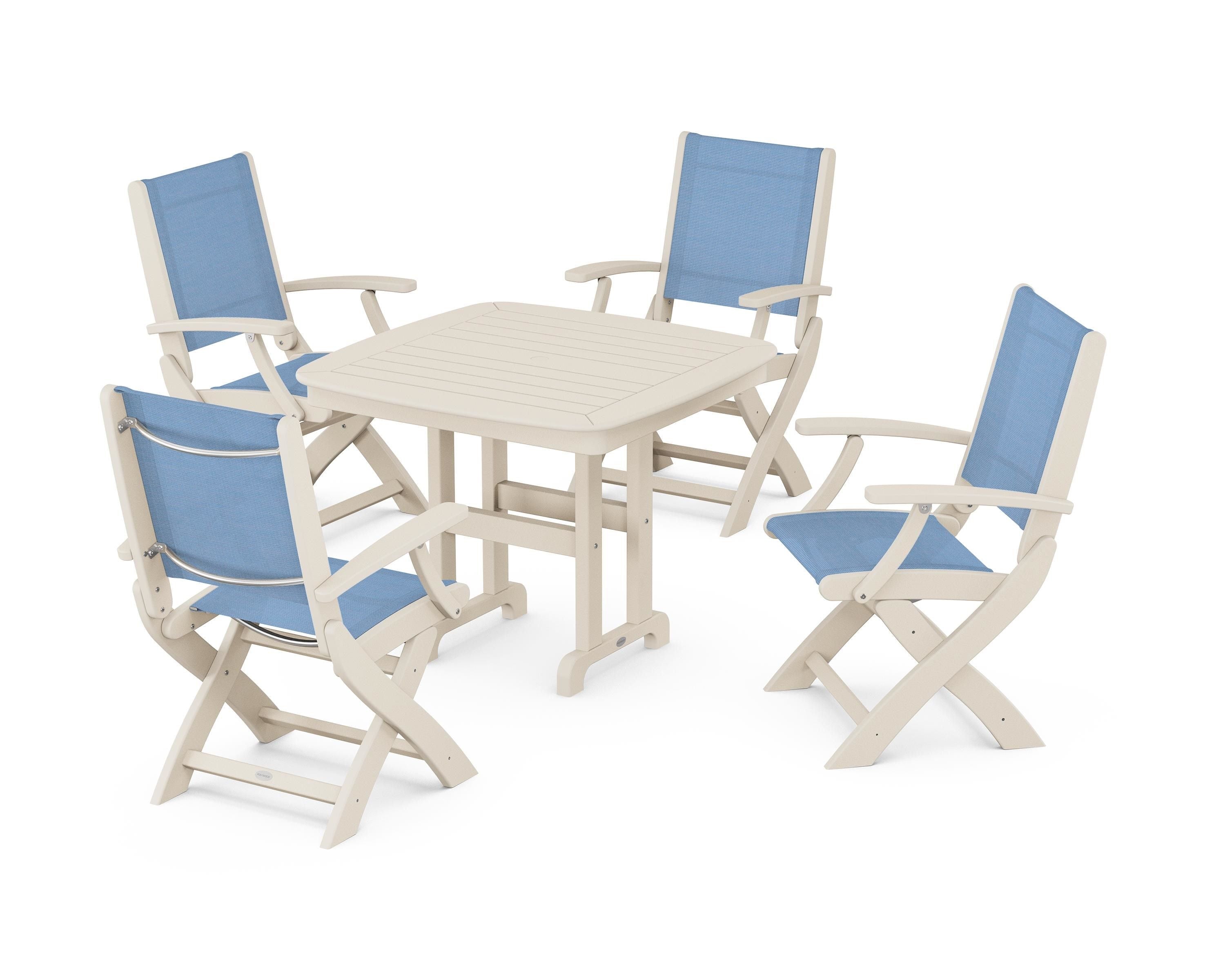 POLYWOOD® Coastal Folding Chair 5-Piece Dining Set in Sand / Poolside Sling