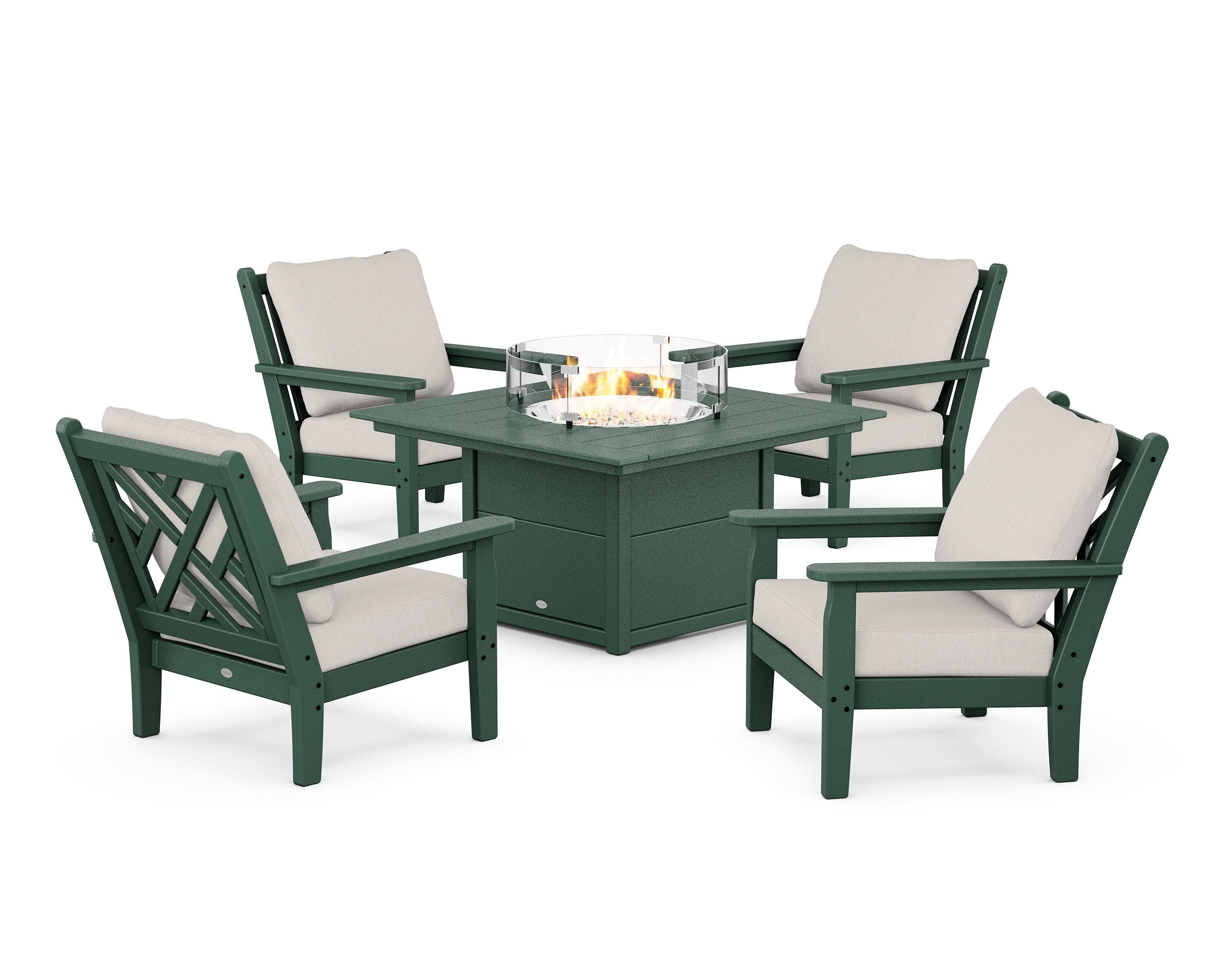 POLYWOOD® Chippendale 5-Piece Deep Seating Set with Fire Pit Table in Green / Cast Ash