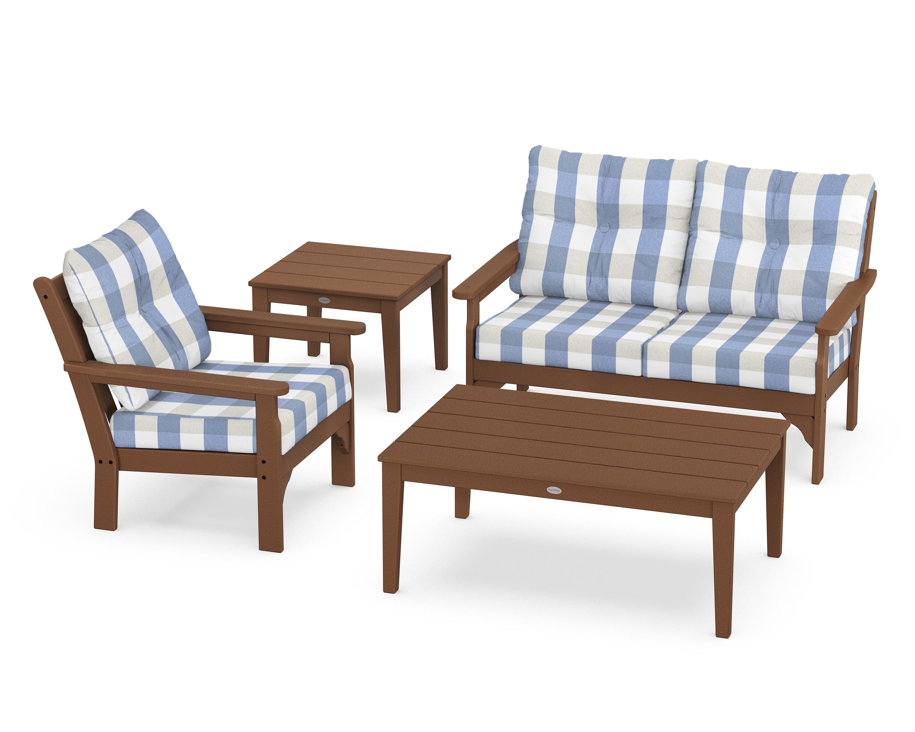 POLYWOOD® Vineyard 4-Piece Deep Seating Set in Teak / Buffalo Plaid Sky Blue