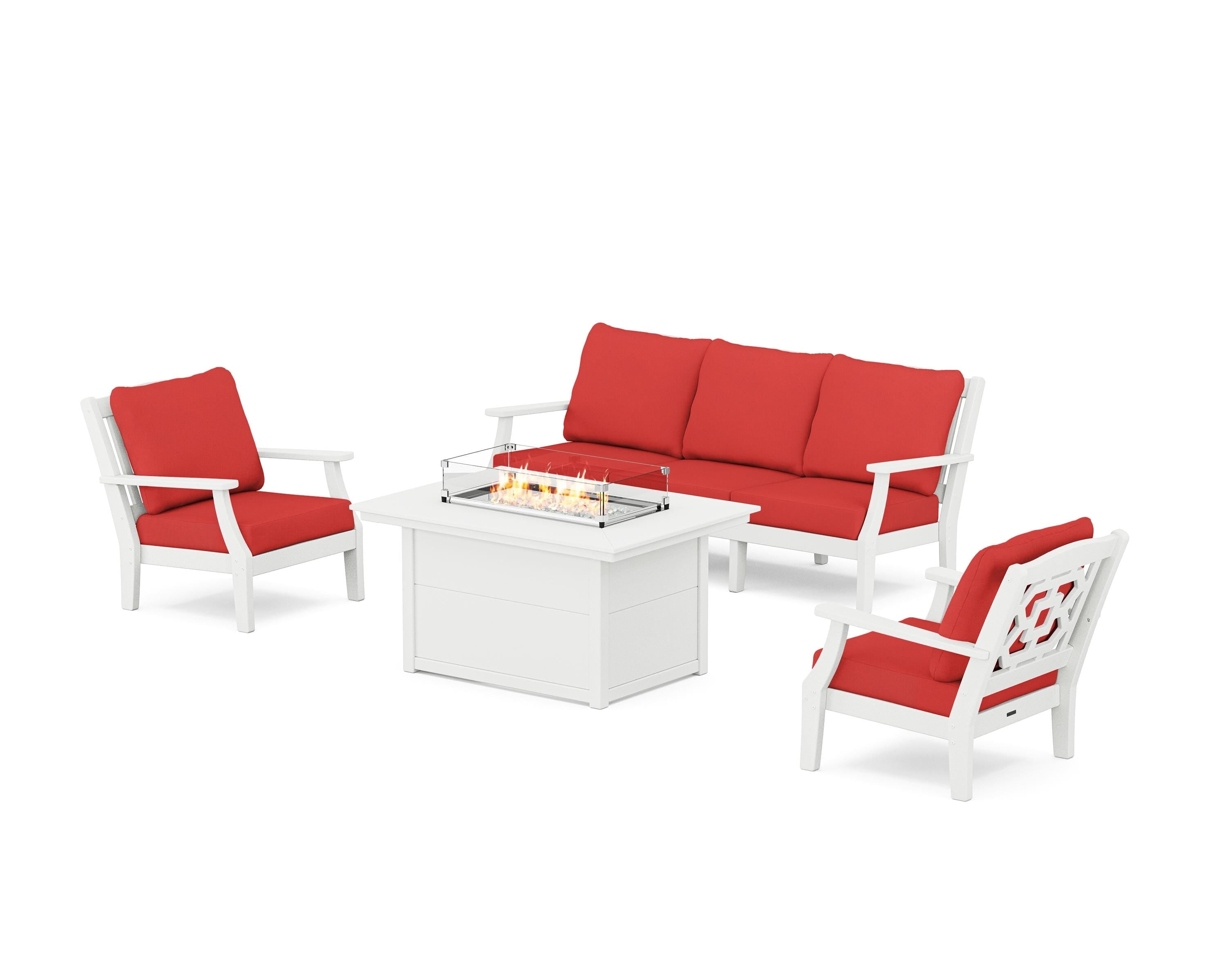 Martha Stewart by POLYWOOD® Chinoiserie Deep Seating Fire Pit Table Set in White / Crimson Linen