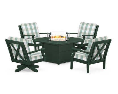 POLYWOOD® Braxton 5-Piece Deep Seating Set with Fire Table in Green / Buffalo Plaid Glacier Spa