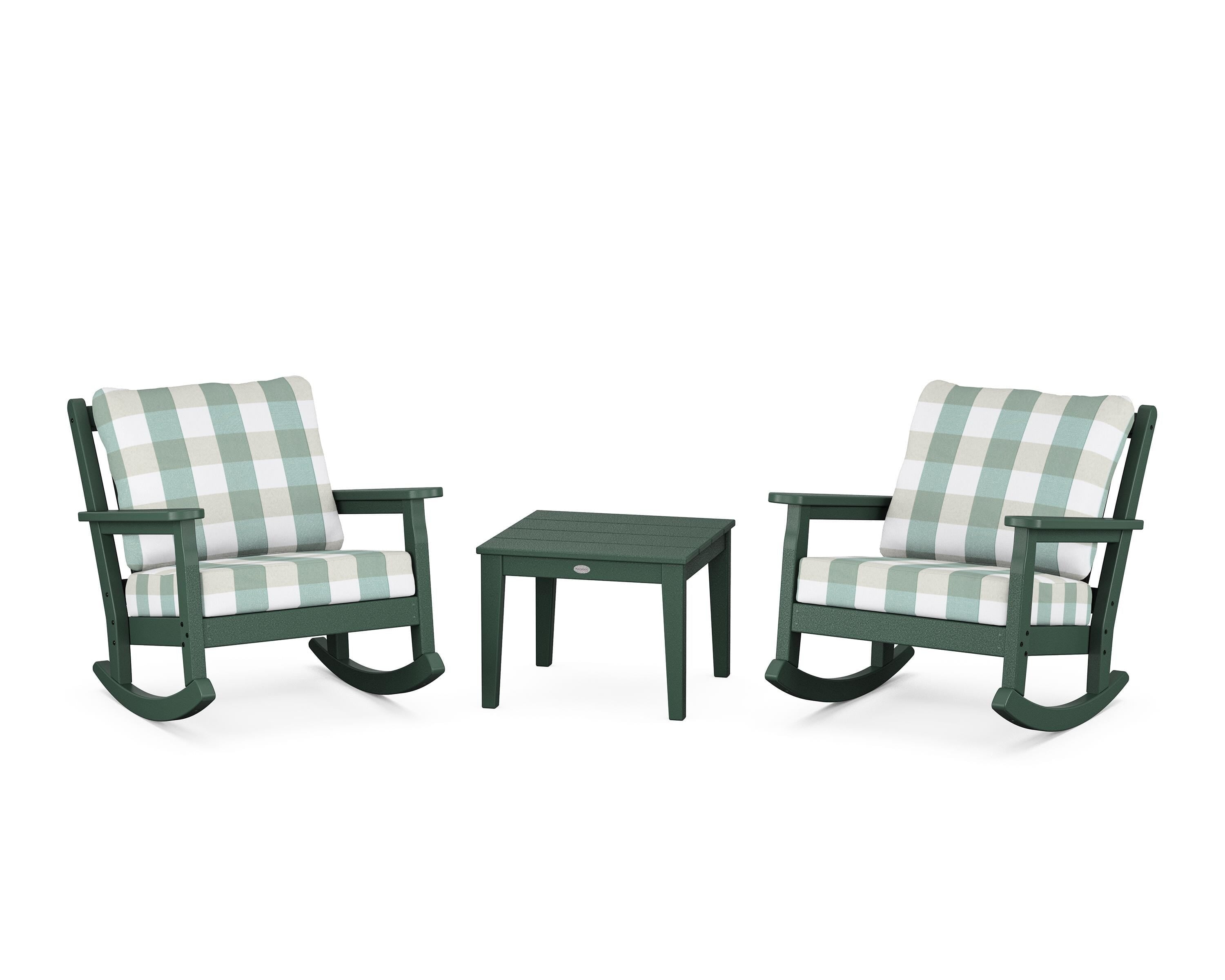 POLYWOOD® Chippendale 3-Piece Deep Seating Rocker Set in Green / Buffalo Plaid Glacier Spa