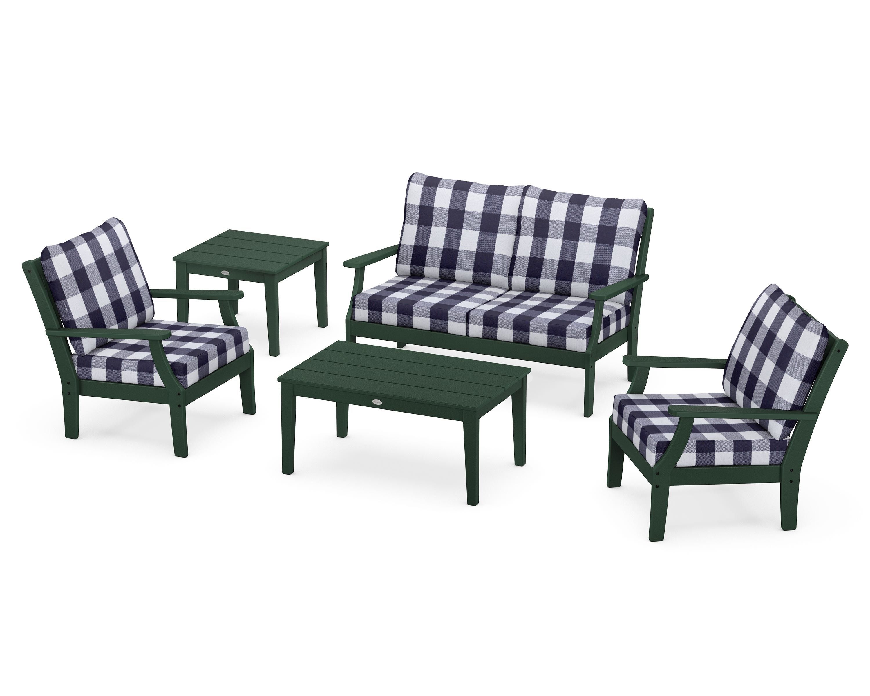 POLYWOOD® Braxton 5-Piece Deep Seating Set in Green / Buffalo Plaid Navy