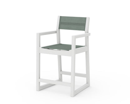 POLYWOOD® EDGE Sling Counter Arm Chair in White / Dupioni Sea Mist Sling